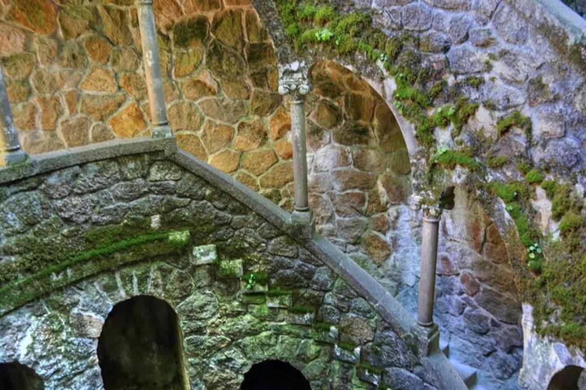 um arco de pedra em uma parede de pedra com plantas