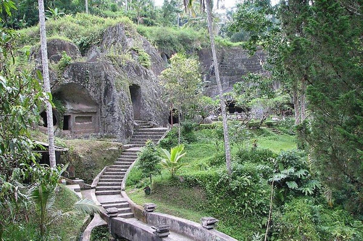 eine Treppe, die zu einem Gebäude in einem Wald führt