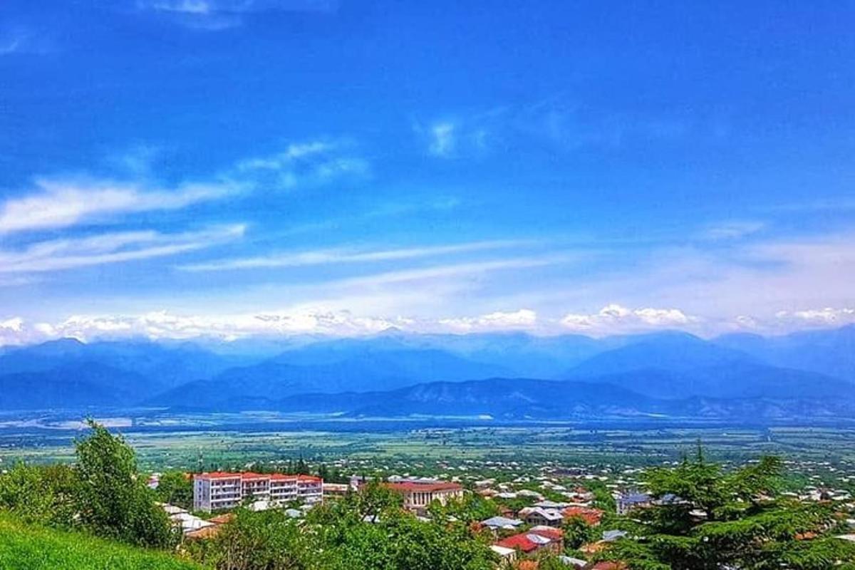 pohľad na mesto s horami v pozadí
