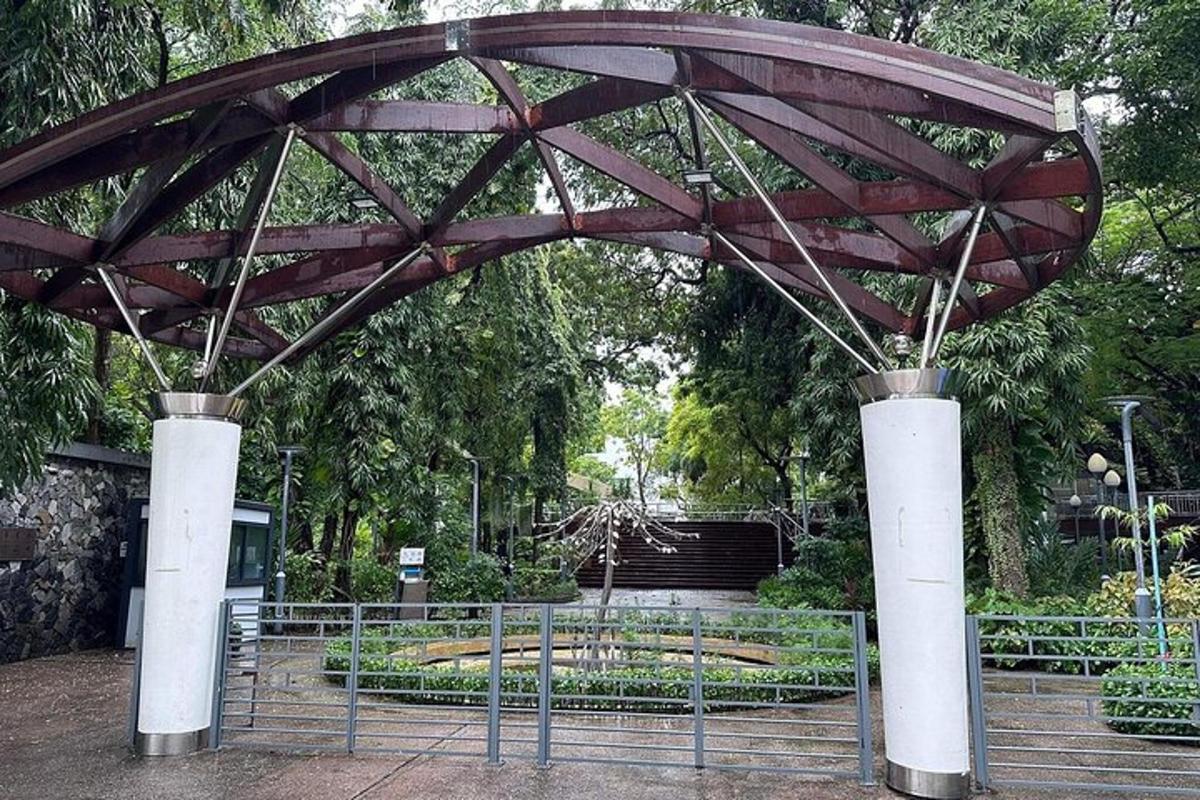 a large wooden structure in a park with trees