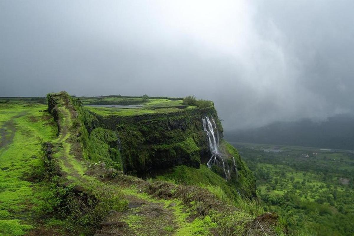 a moss covered cliff with a waterfall on a mountain