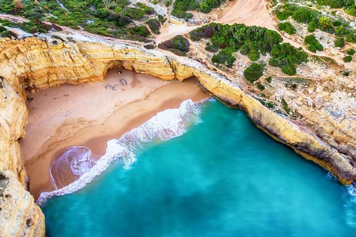uma vista aérea de uma praia e do oceano