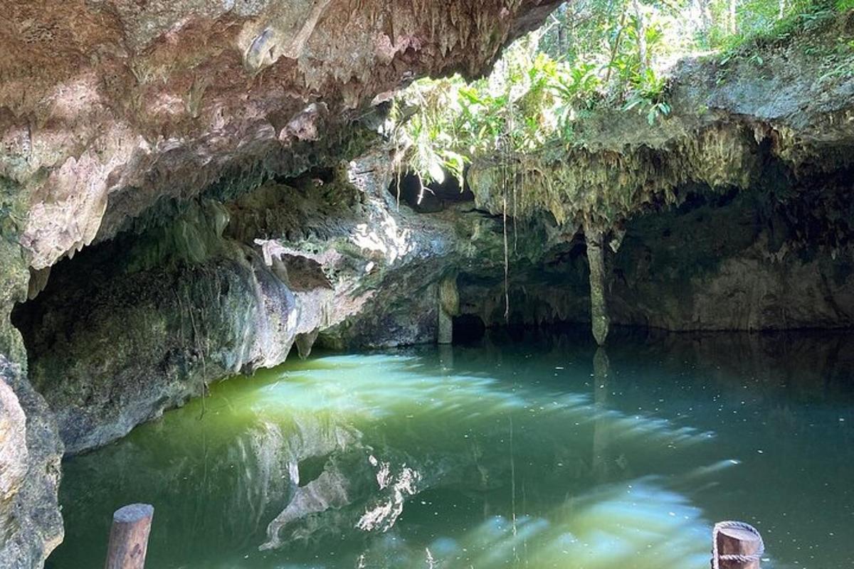 o baltă de apă verde într-o peșteră