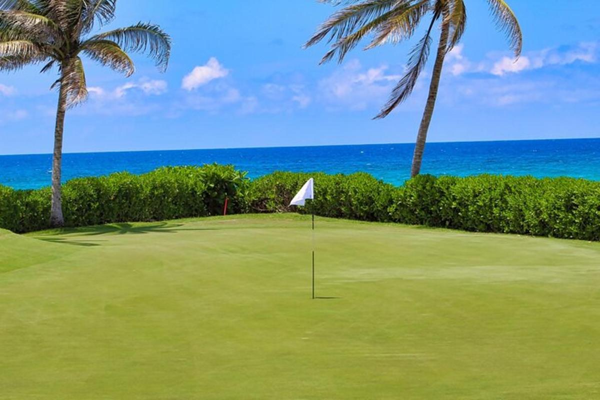 a golf course with palm trees and the ocean