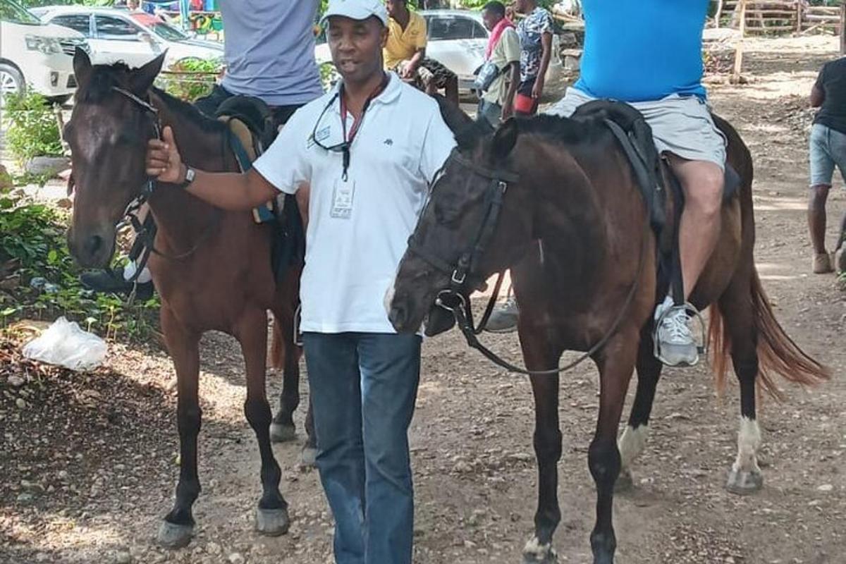 un uomo è in piedi accanto a due cavalli