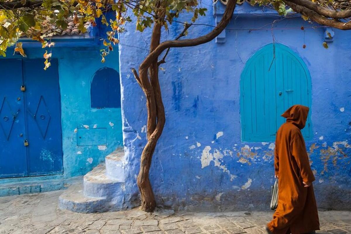 a person walking past a blue building with a tree