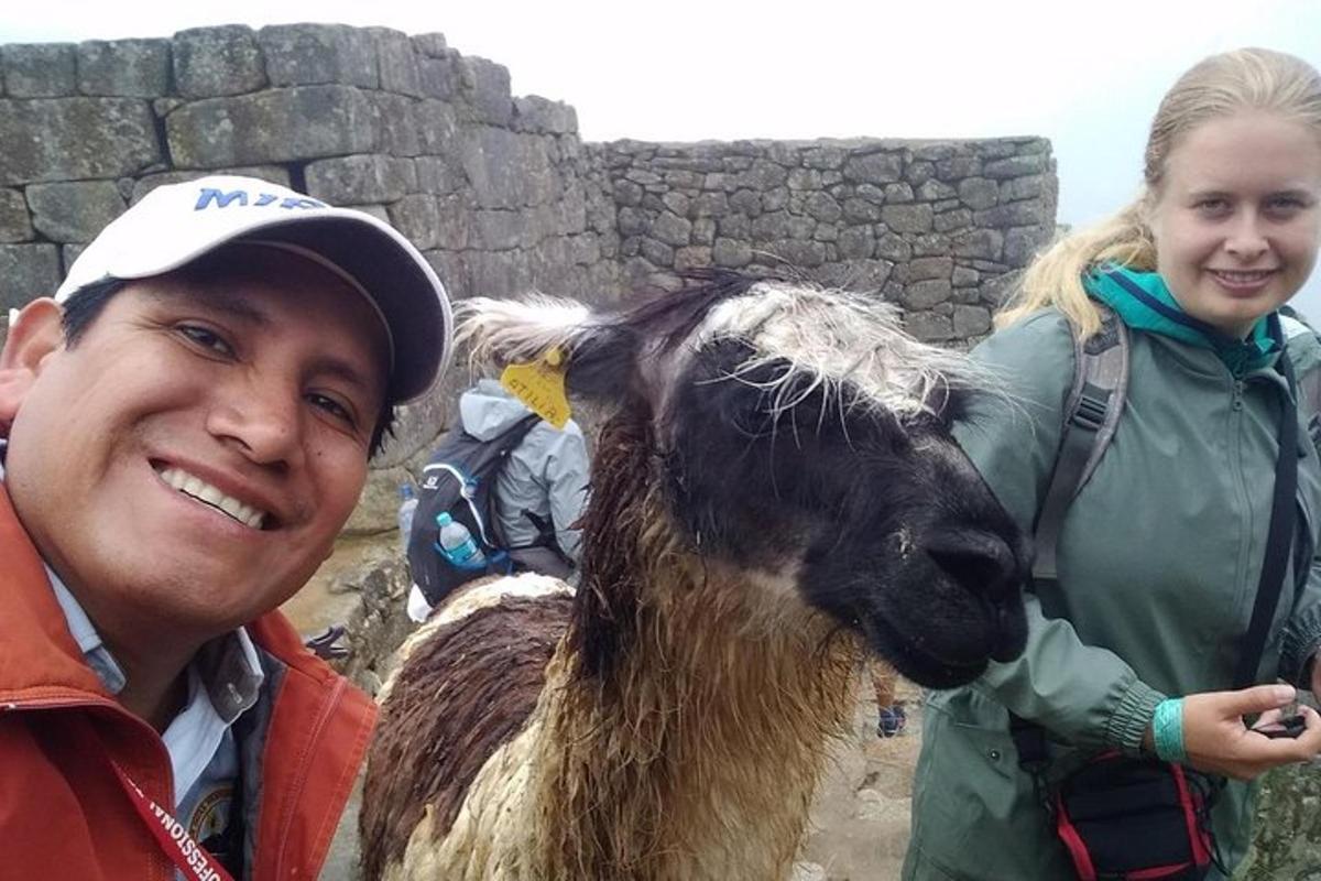 un uomo e una donna in piedi accanto a una capra