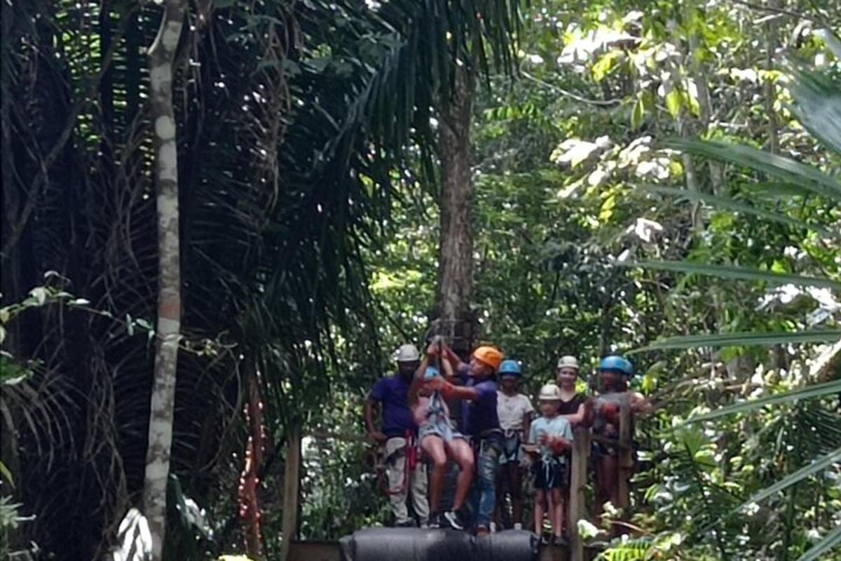 a group of people on a suspension bridge in the jungle