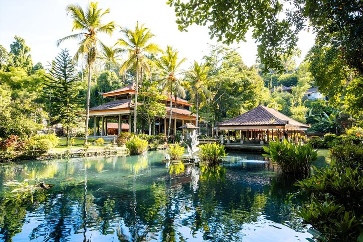 un resort con uno stagno di fronte a un edificio