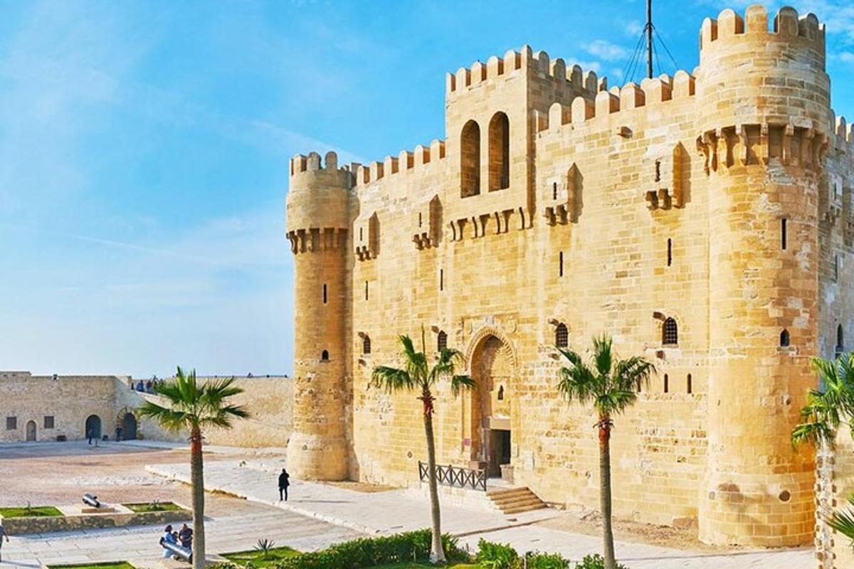 a castle with palm trees in front of it
