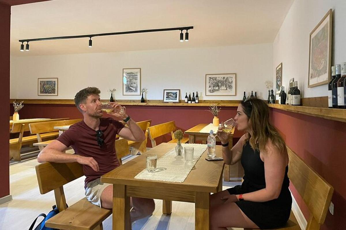 moški in ženska sedita za mizo in pijeta vino