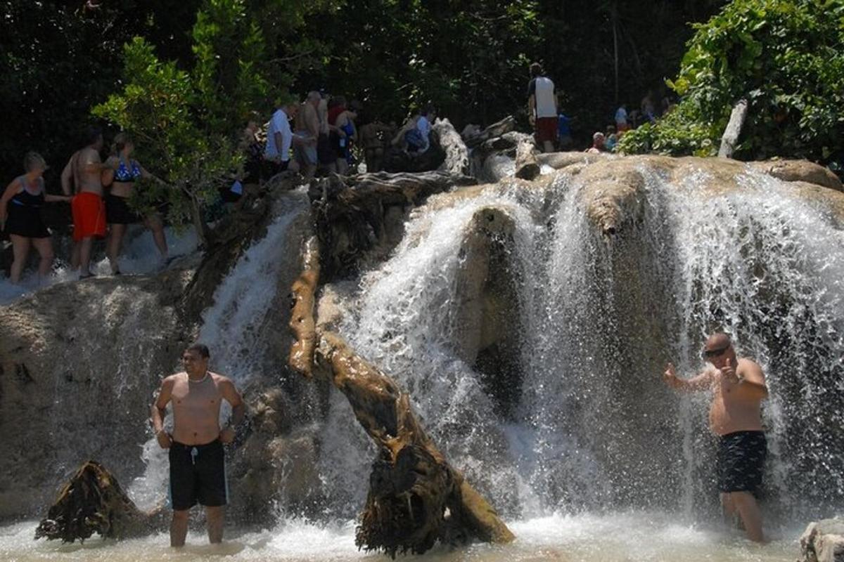 Tveir menn standa fyrir framan foss