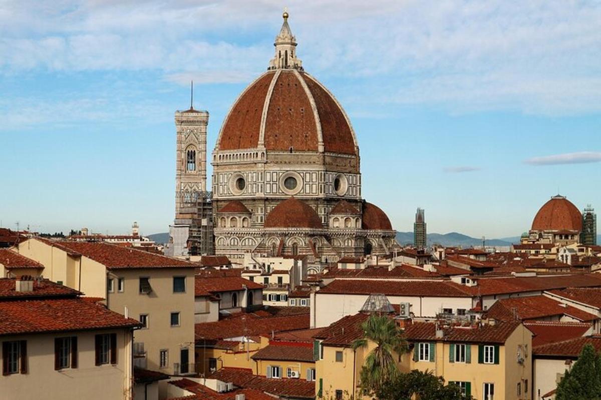 una vista di una città con una cattedrale e i tetti