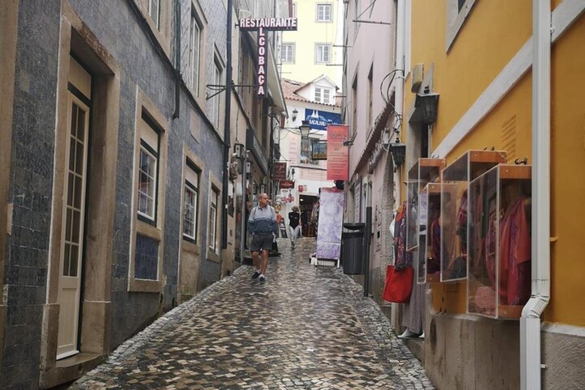 žena kráčející po dlážděné uličce s budovami