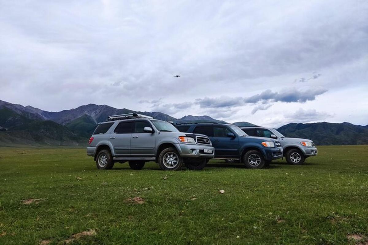 Tveir jeppar lagðir á túni með fjöllum í bakgrunni