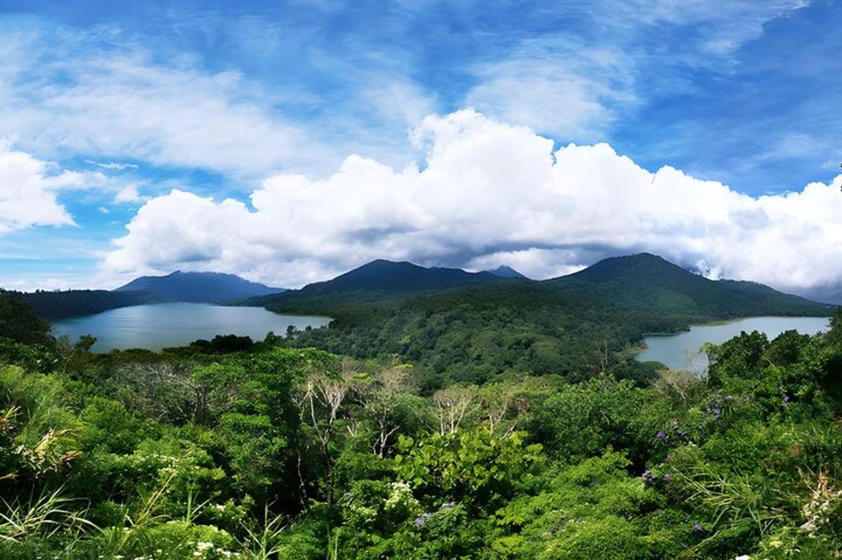 uma vista de um grande corpo de água com montanhas