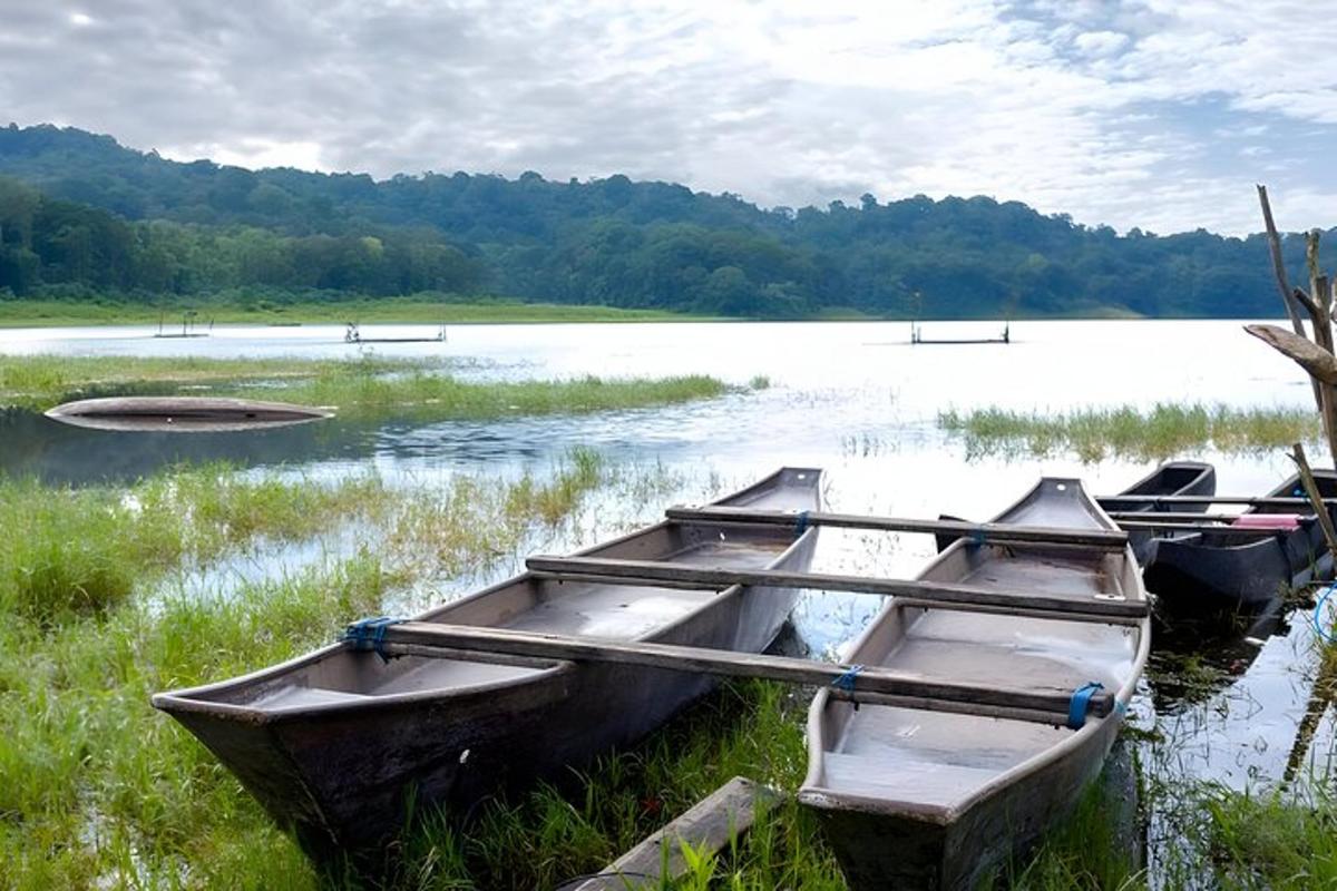 três barcos sentados na margem de um lago