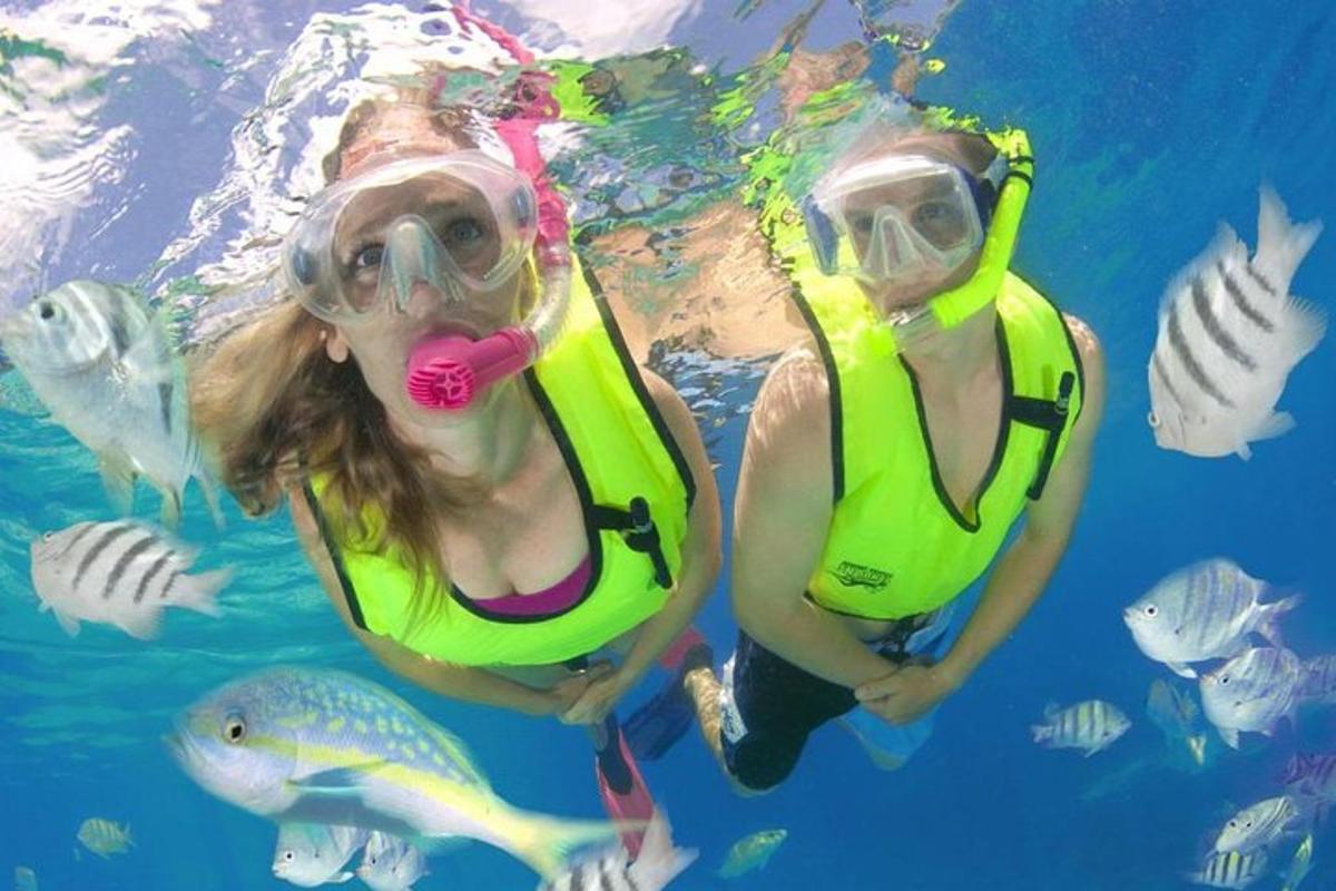 two women in the water with breathing masks and fish