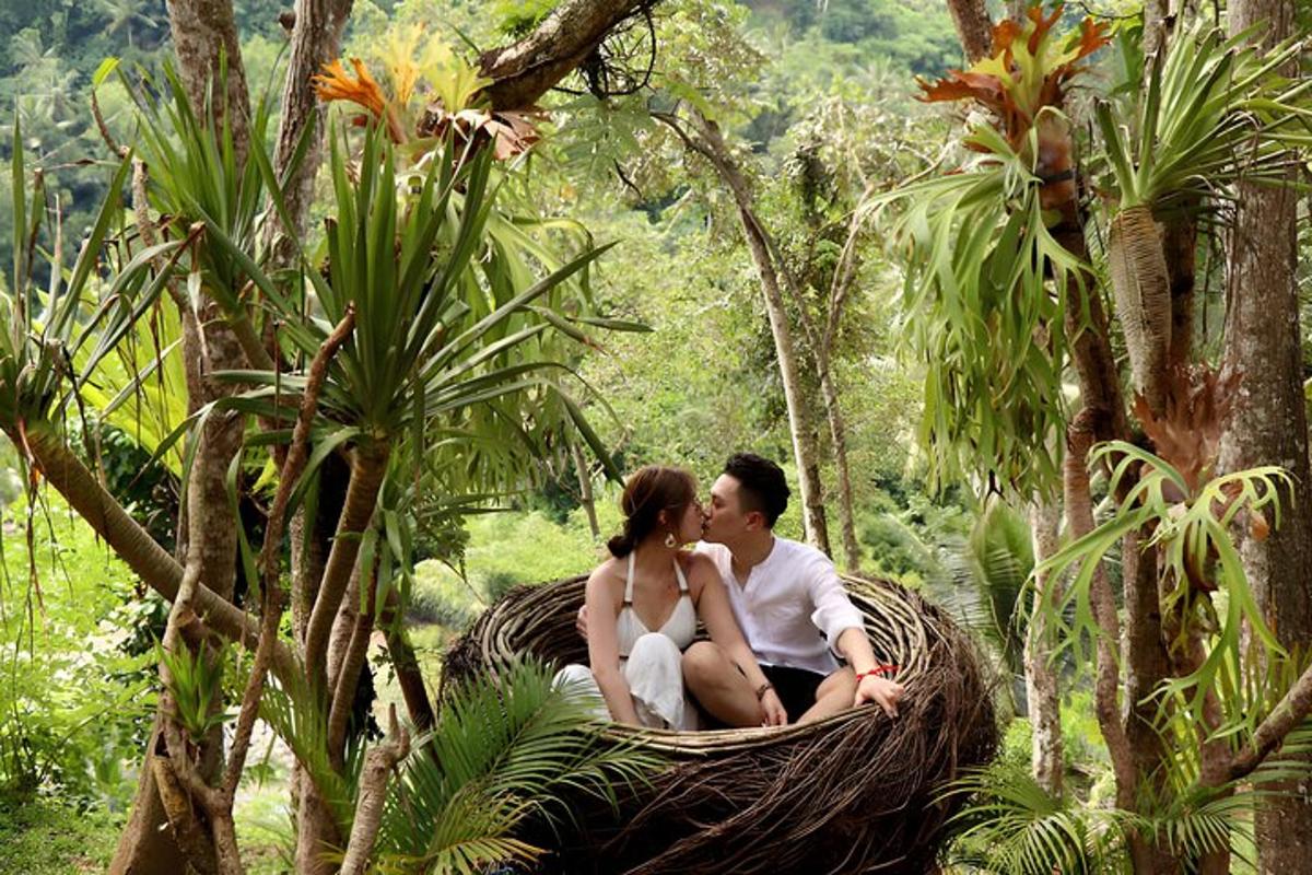 a man and a woman sitting in a basket