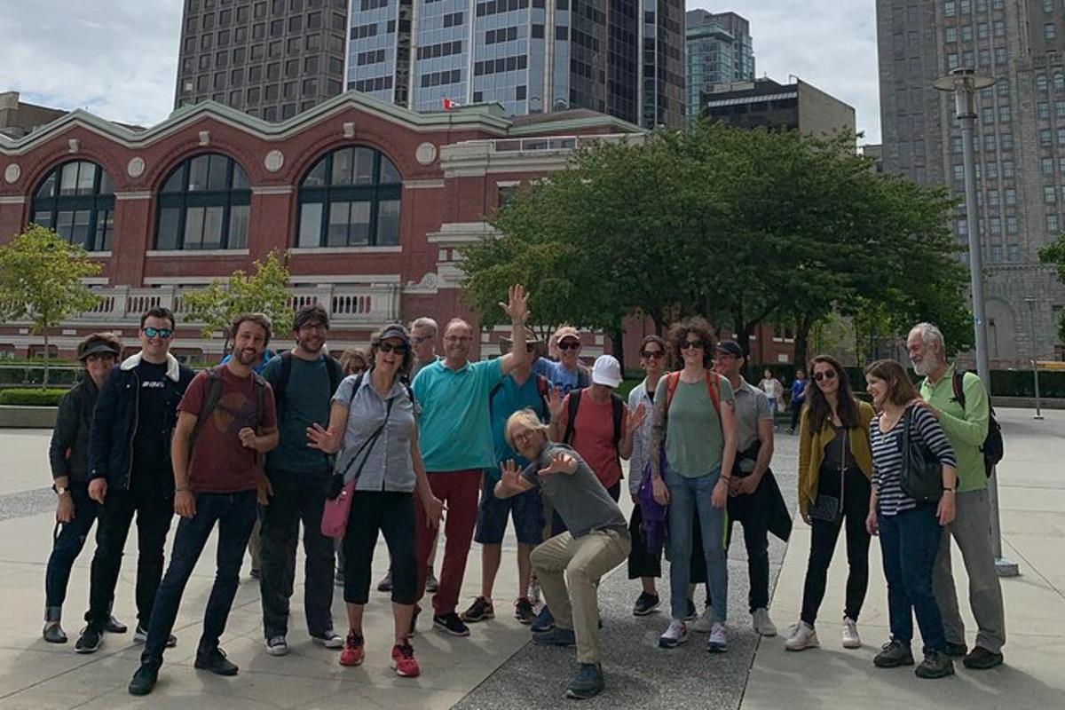a group of people standing in front of a building