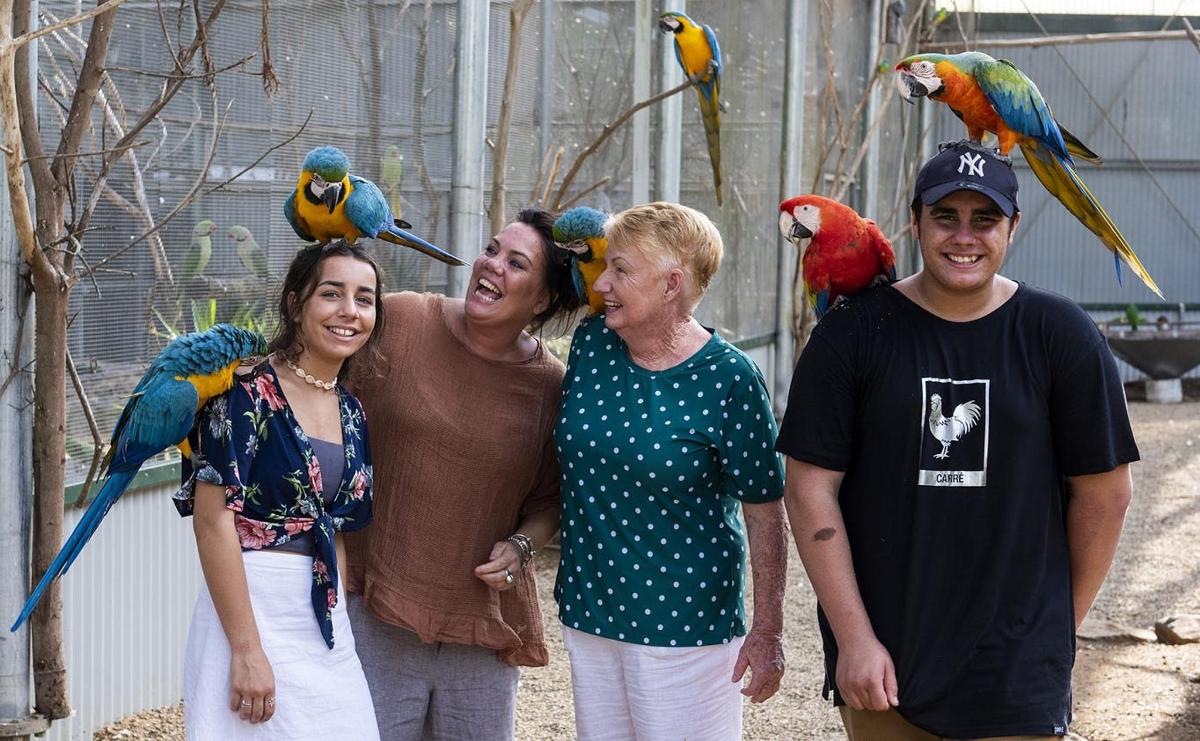 a group of people standing in front of some birds