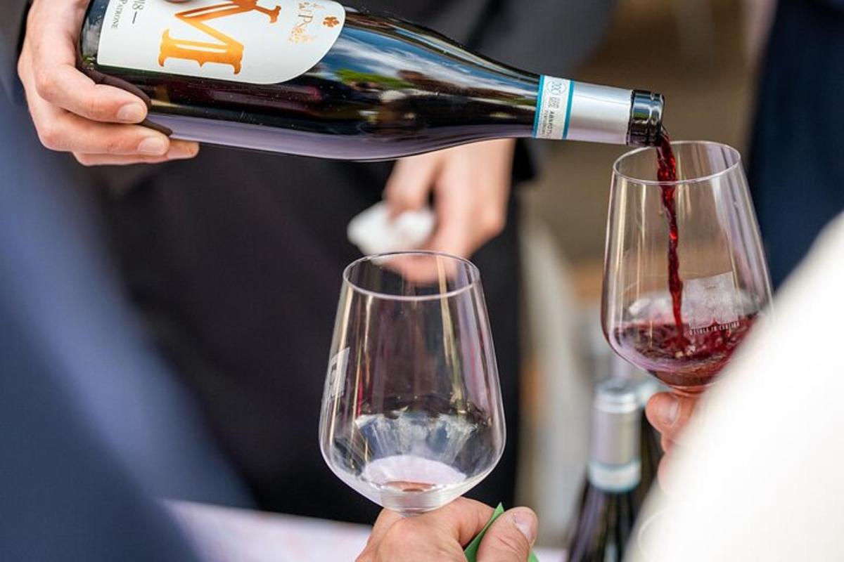 una persona che versa una bottiglia di vino in due bicchieri da vino