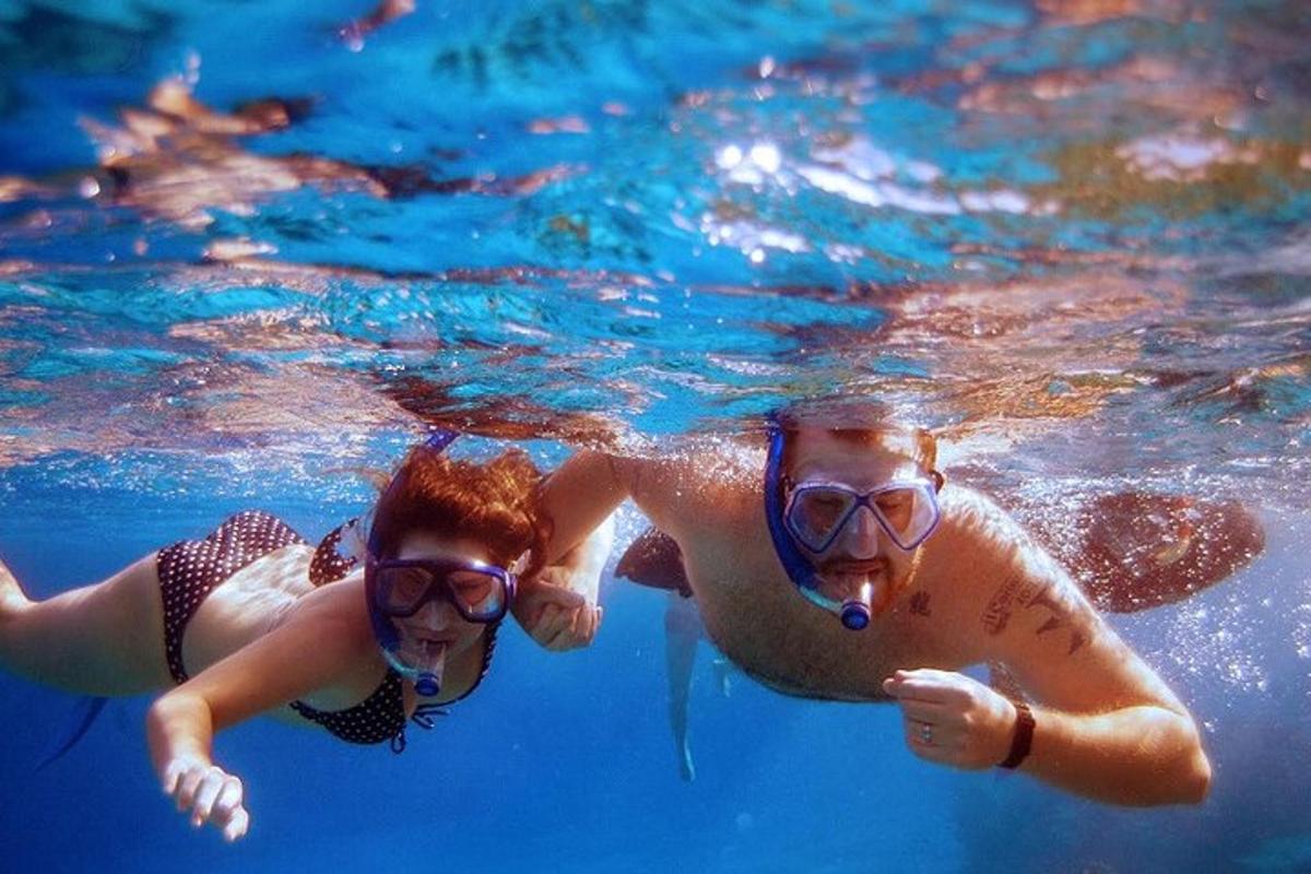 two people are swimming in the water