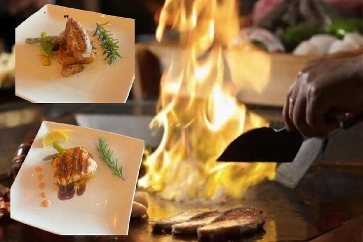 zwei Bilder von einem Teller mit Essen vor einem Feuer