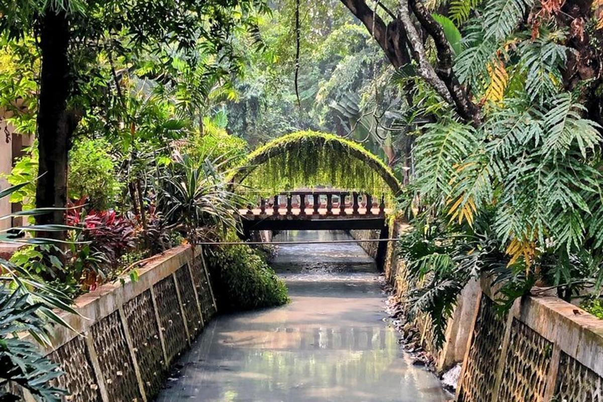 a bridge with a bench in a garden