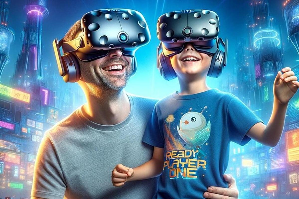 muž a chlapec s brýlemi pro virtuální realitu