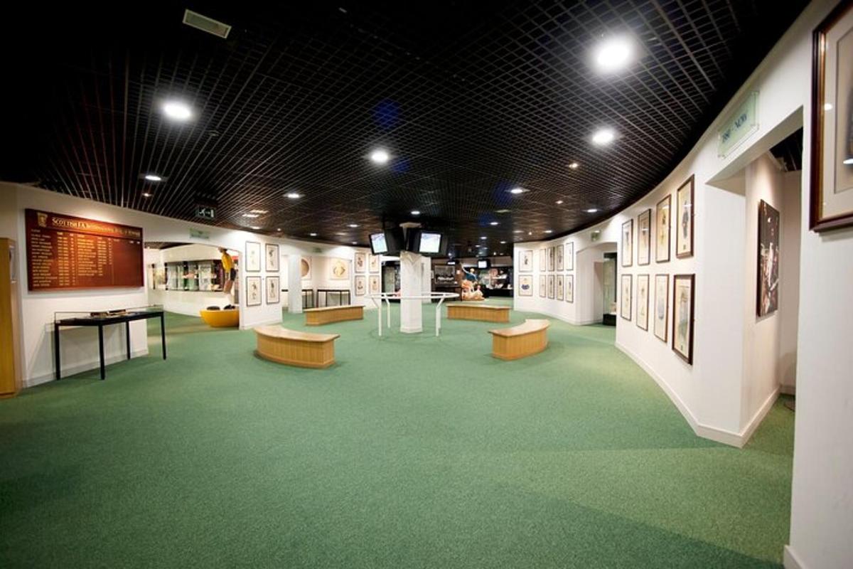a large room with green carpet and benches in a museum
