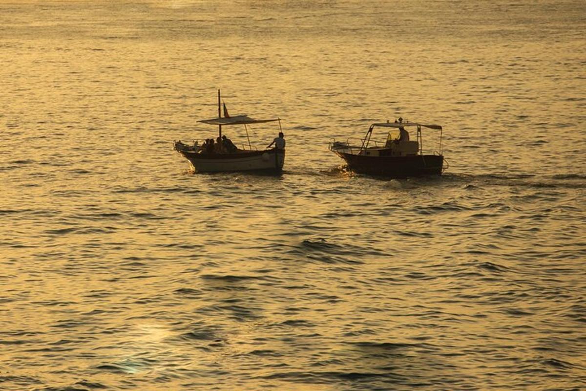 due barche che galleggiano nell'acqua al tramonto