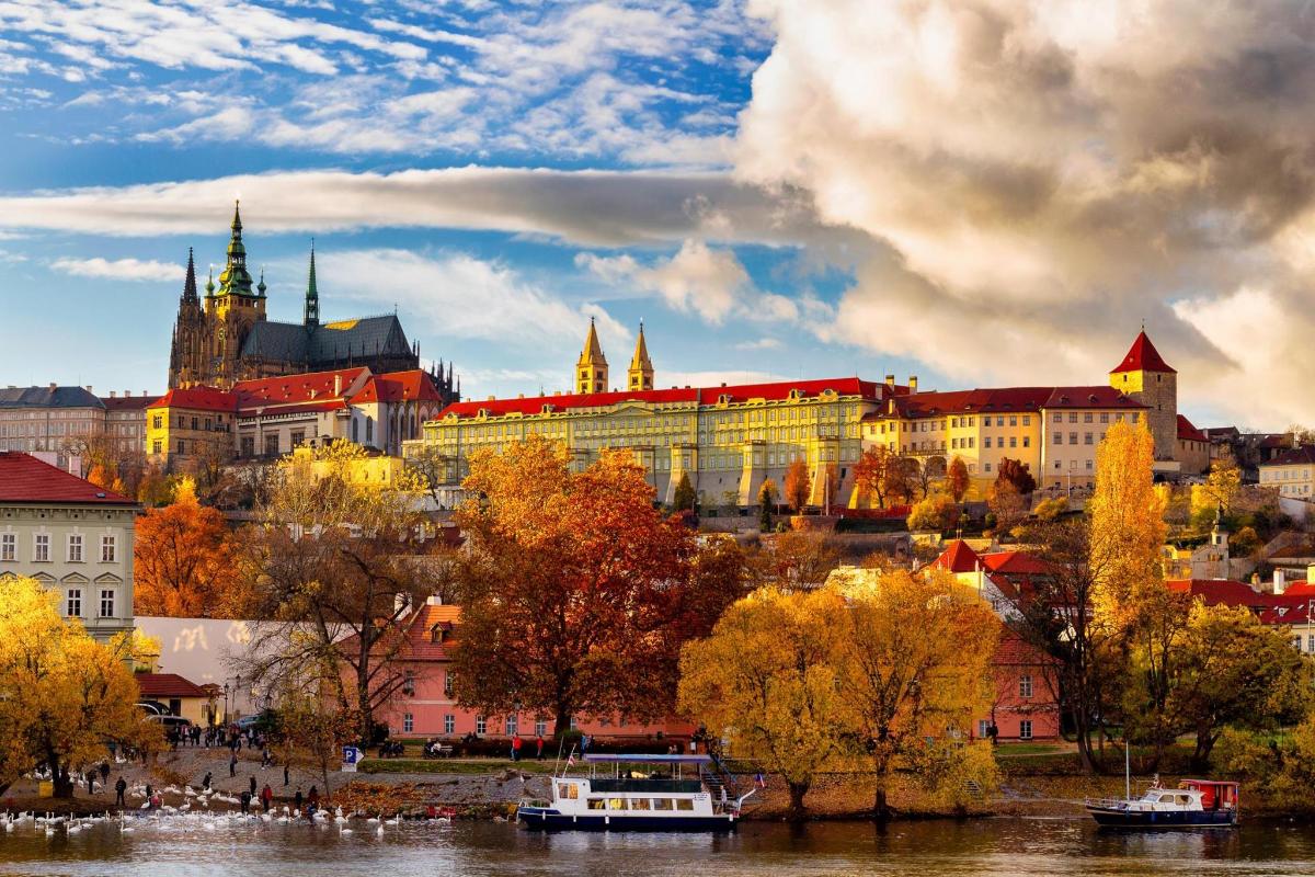 pohled na město s řekou a budovami