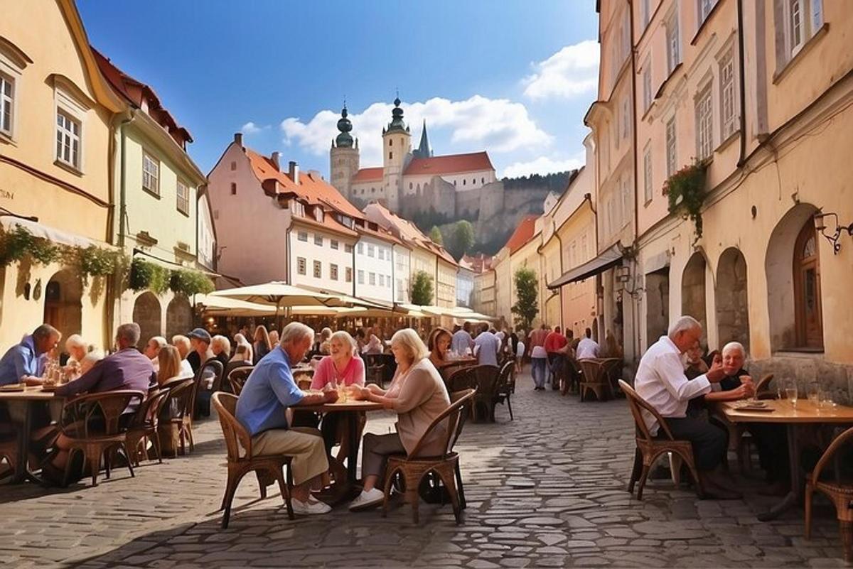 skupina lidí sedících u stolů na ulici