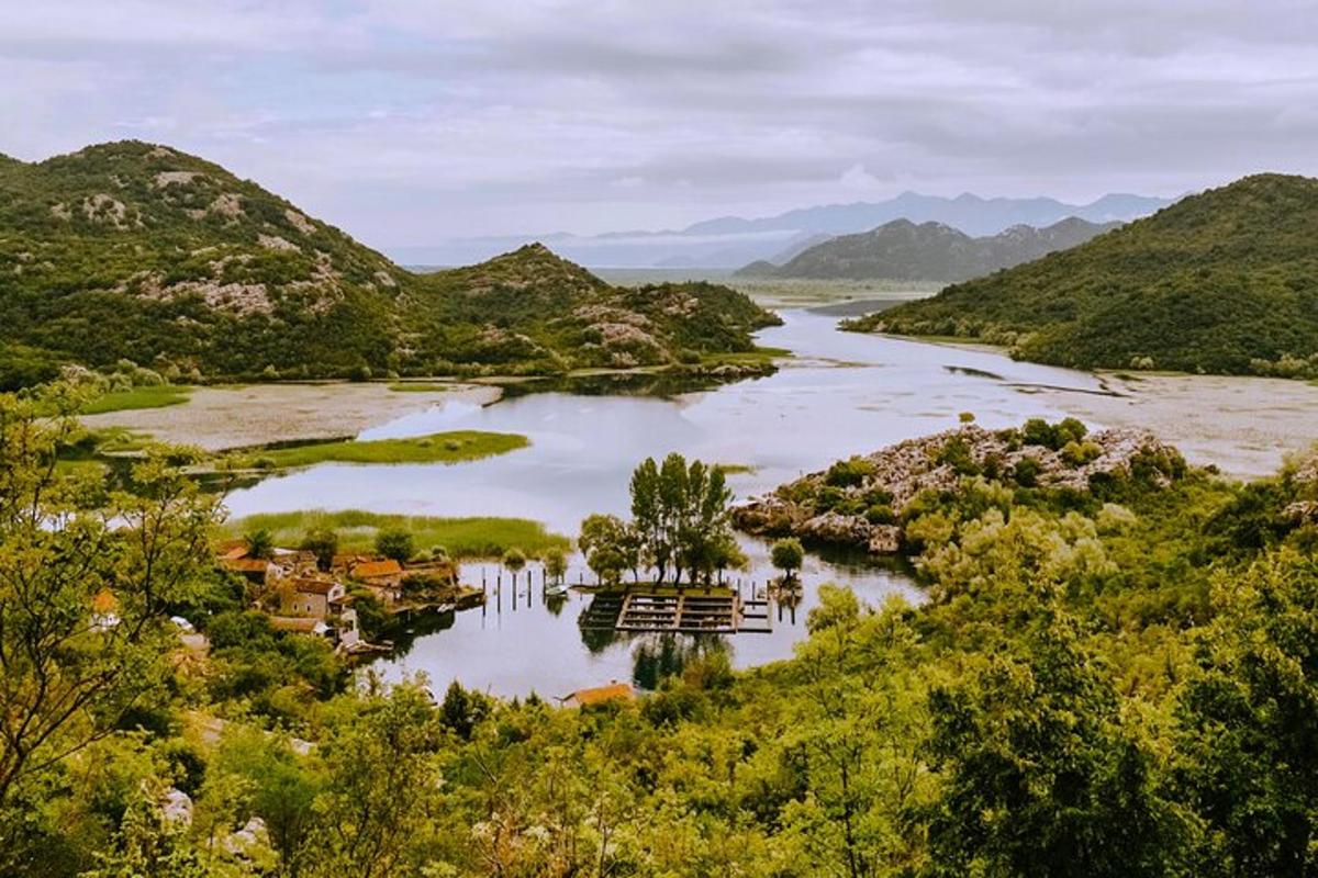 vista aèria d'un riu amb muntanyes al fons
