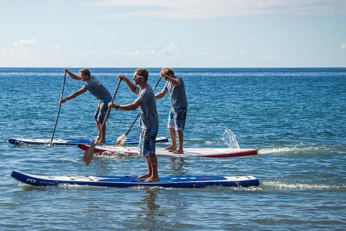 Cuatro hombres están de pie sobre tablas de remo en el agua.