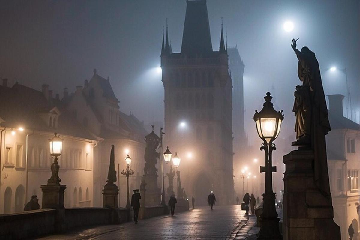Mlžná městská ulice v noci s hodinovou věží