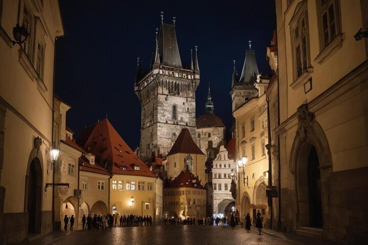 pohled na město v noci s hodinovou věží