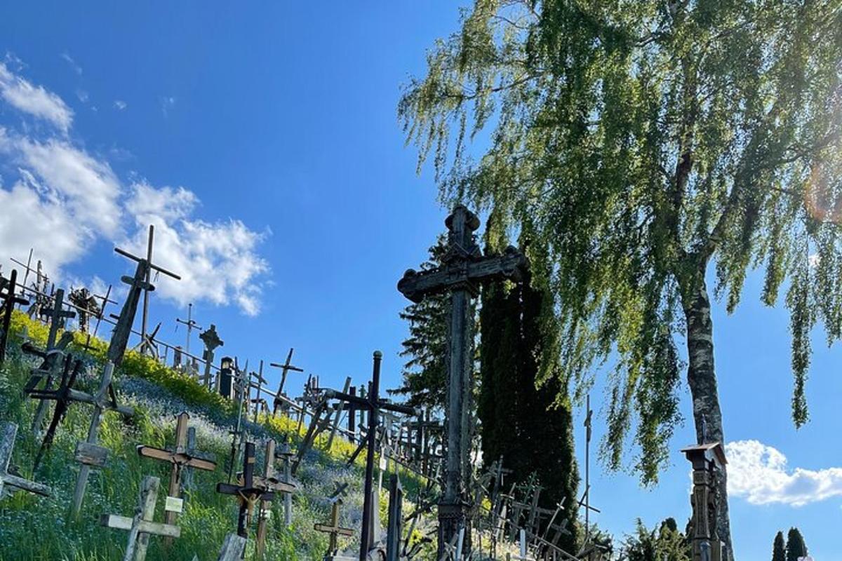 ein Friedhof mit Kreuzen und einem Baum auf einem Hügel