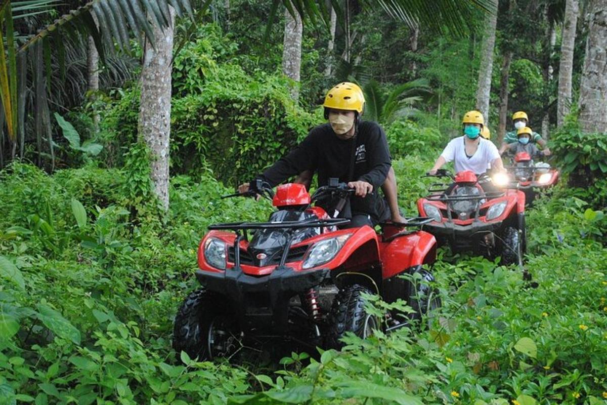 sekumpulan orang menunggang atv di dalam hutan