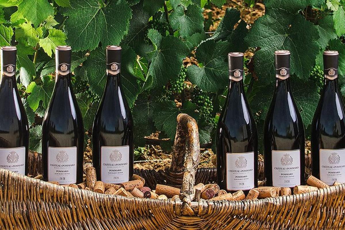 a basket full of wine bottles and some grapes