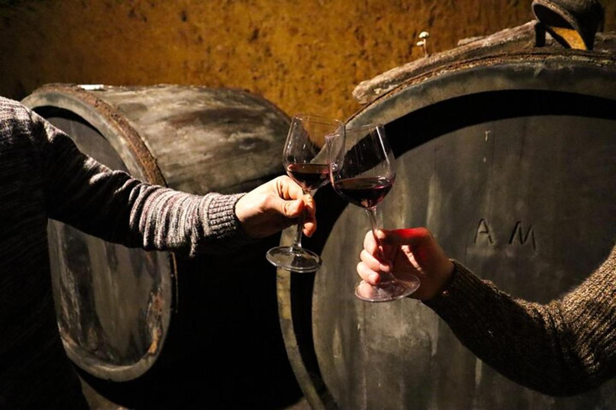 dve osebi držita kozarce za vino pred sodom