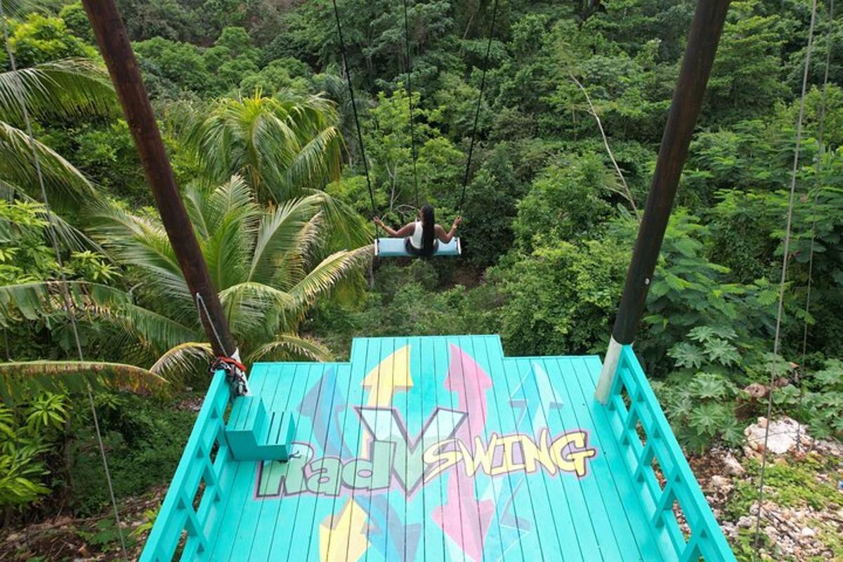a person swinging on a zip line in the jungle
