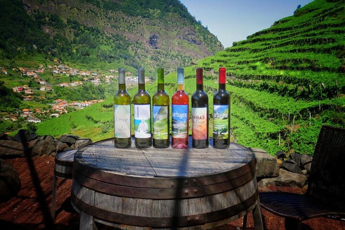 un gruppo di bottiglie di vino appoggiate sopra una botte
