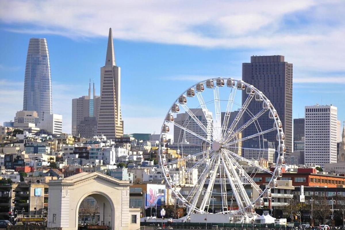 a ferris wheel in front of a city skyline