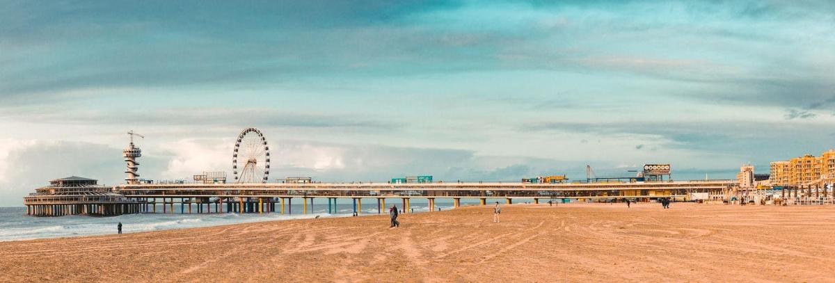 a pier on the beach with a ferris wheel in the background