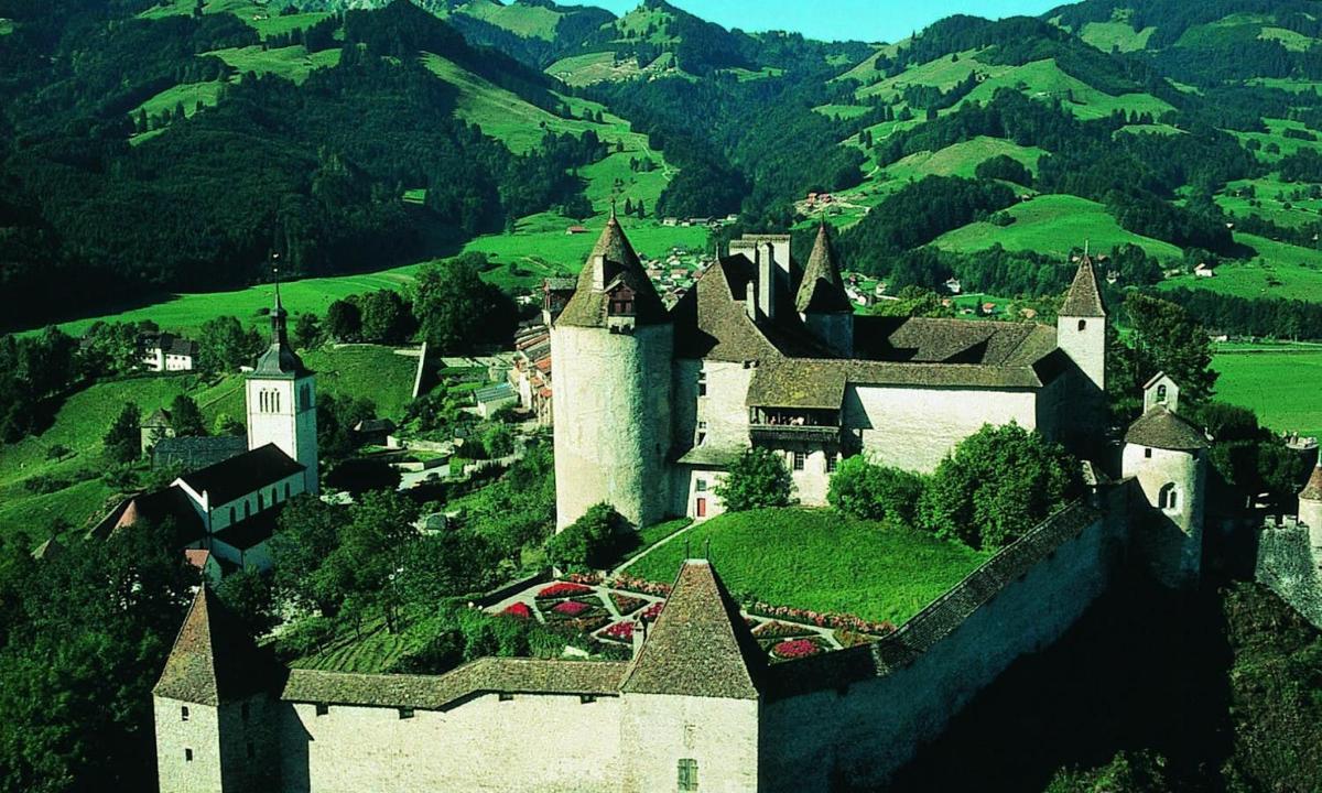 an aerial view of a castle on a hill