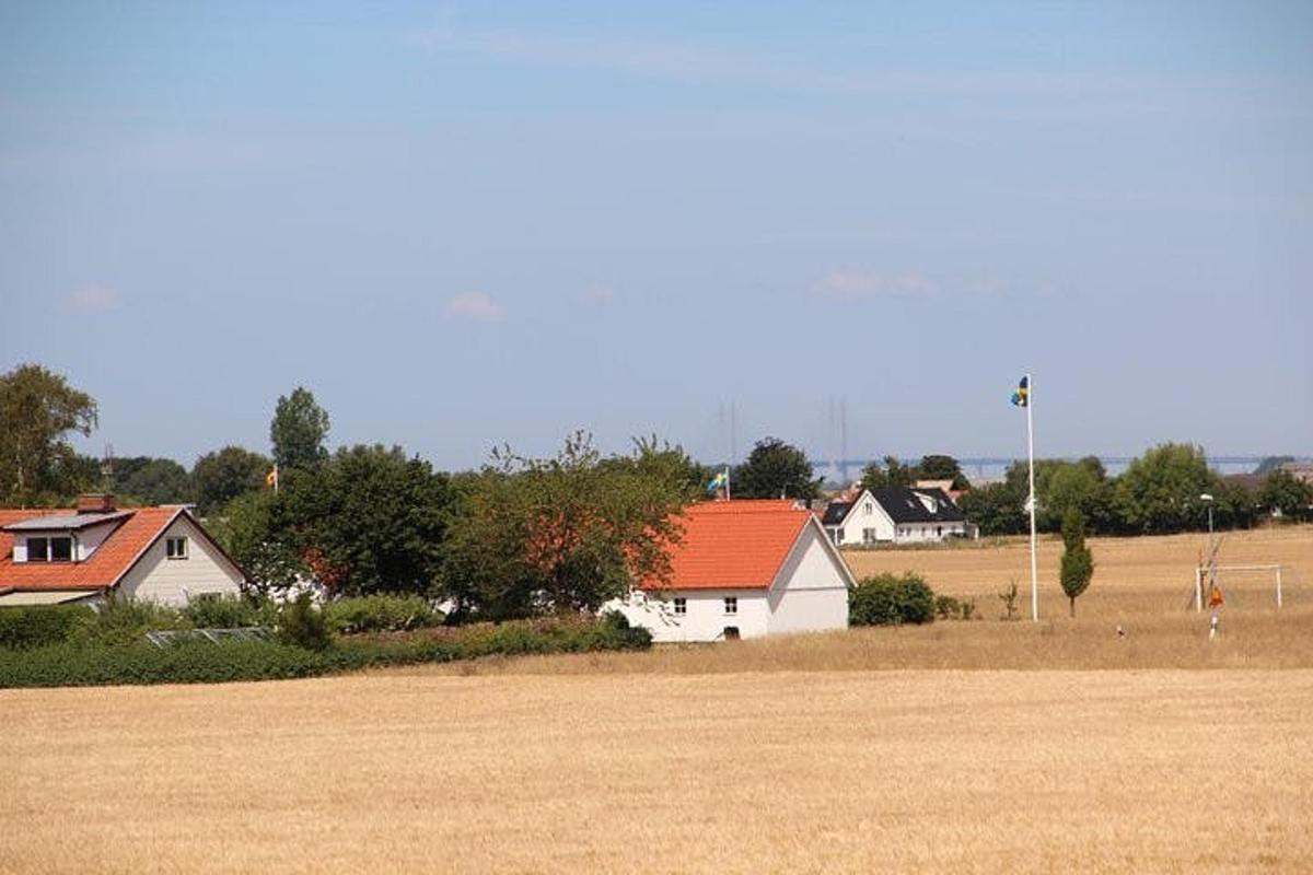 a house with an orange roof in a field