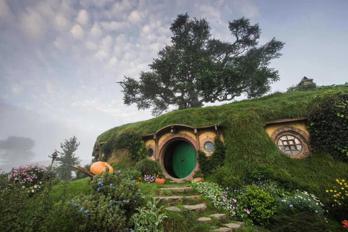 a house with a grassy hill with a door and stairs