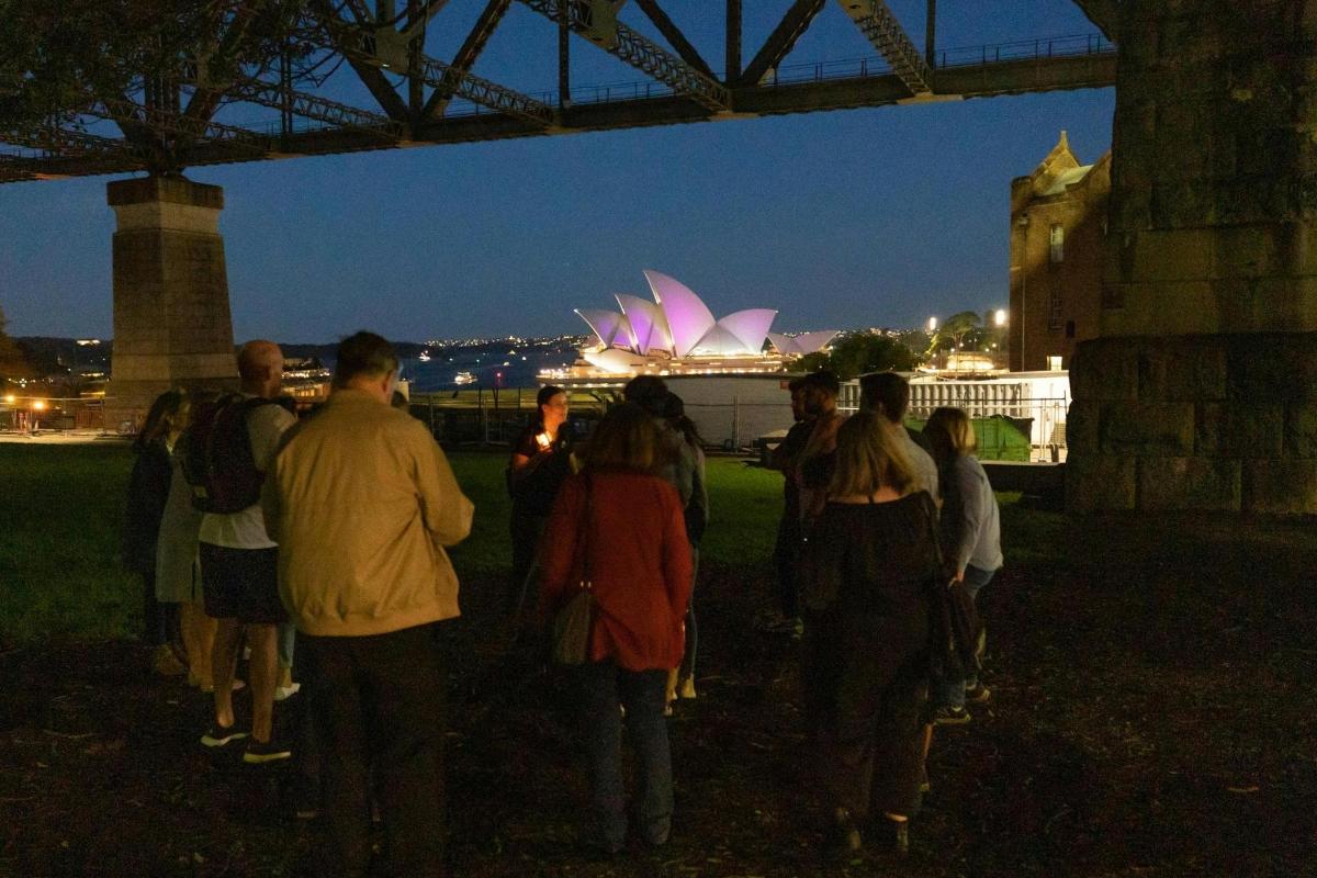 Skupina lidí se v noci dívá na operu v Sydney